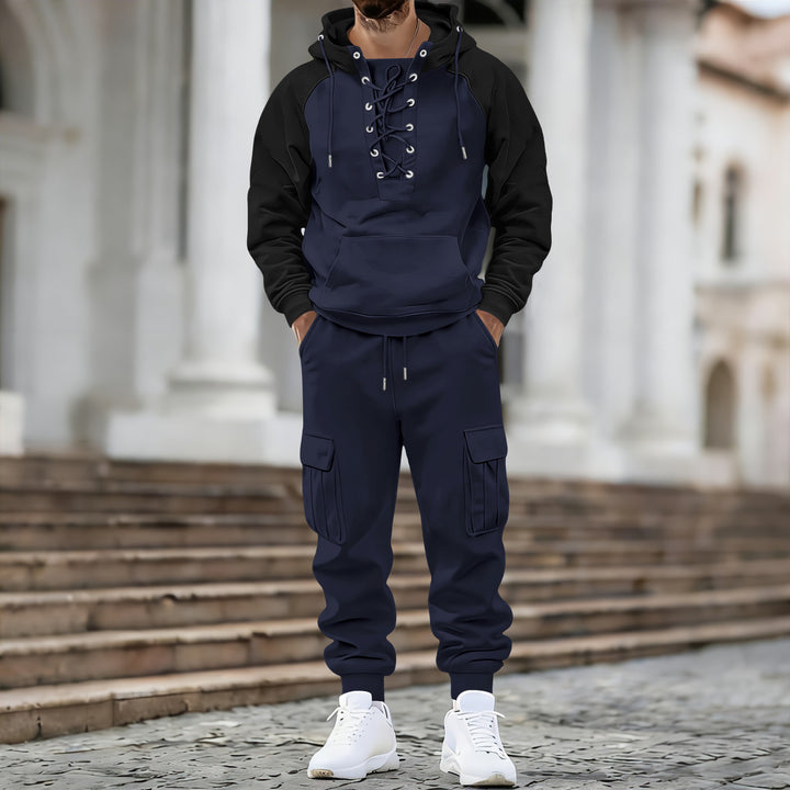 Herren Kapuzen-Sweatshirt mit vorn geschnürter Blende, Raglanärmeln und Kängurutasche Drune