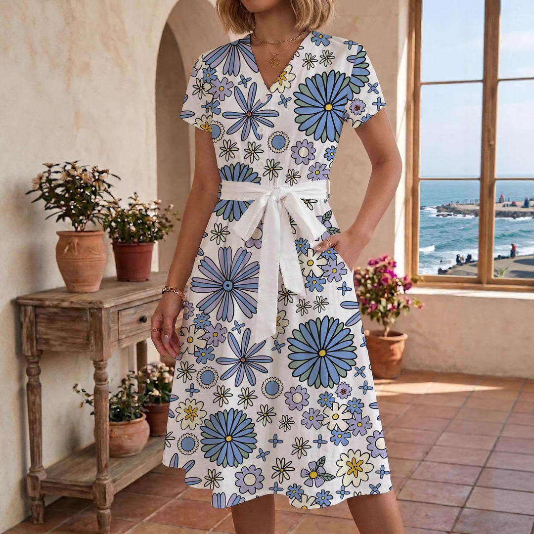 Damen Midikleid mit floralem Muster und Taillengürtel Drune