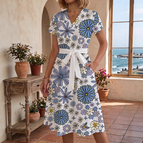 Damen Midikleid mit floralem Muster und Taillengürtel Drune