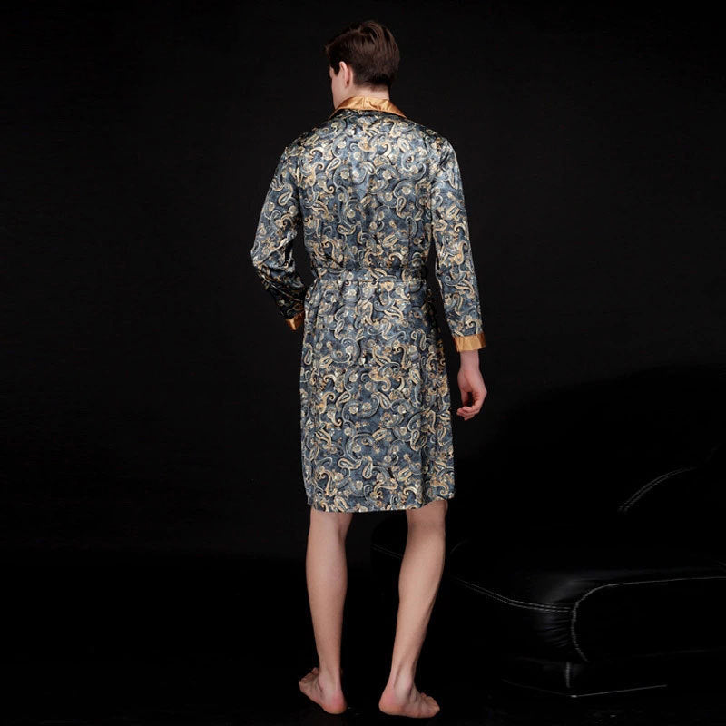 Herren Satin Morgenmantel mit luxuriösem Paisleymuster und Taillengürtel Drune
