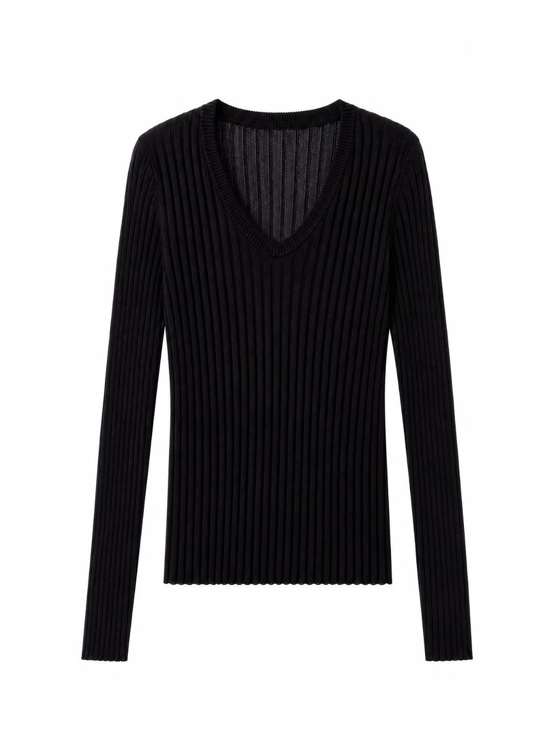 Damen Enges Feinstrick-Longsleeve mit tiefem V-Ausschnitt und breiter Rippenstruktur Drune