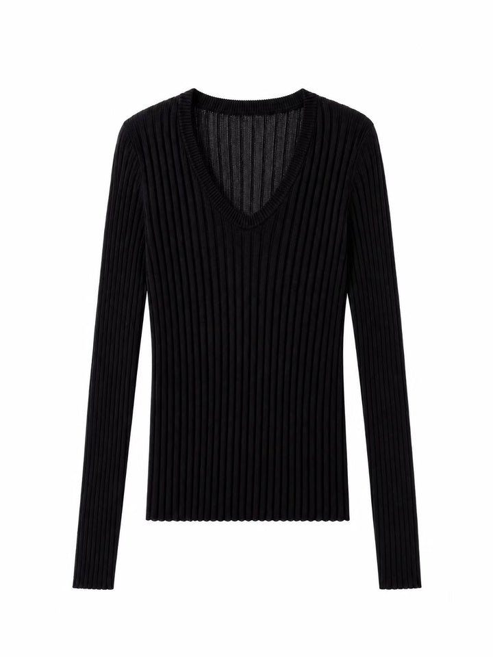 Damen Enges Feinstrick-Longsleeve mit tiefem V-Ausschnitt und breiter Rippenstruktur Drune