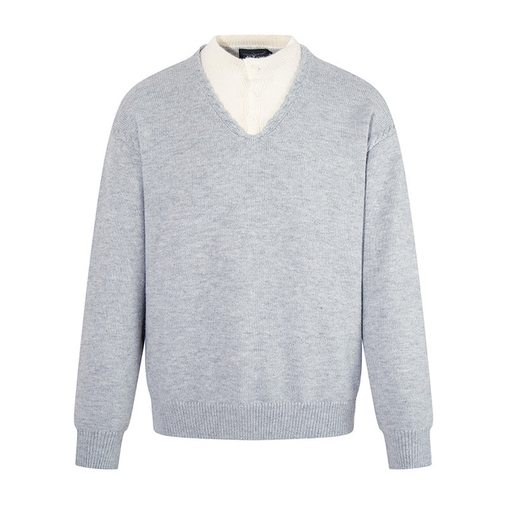 Herren Feiner V-Ausschnitt-Pullover mit Lagenoptik und Stehkragen-Innenteil Drune