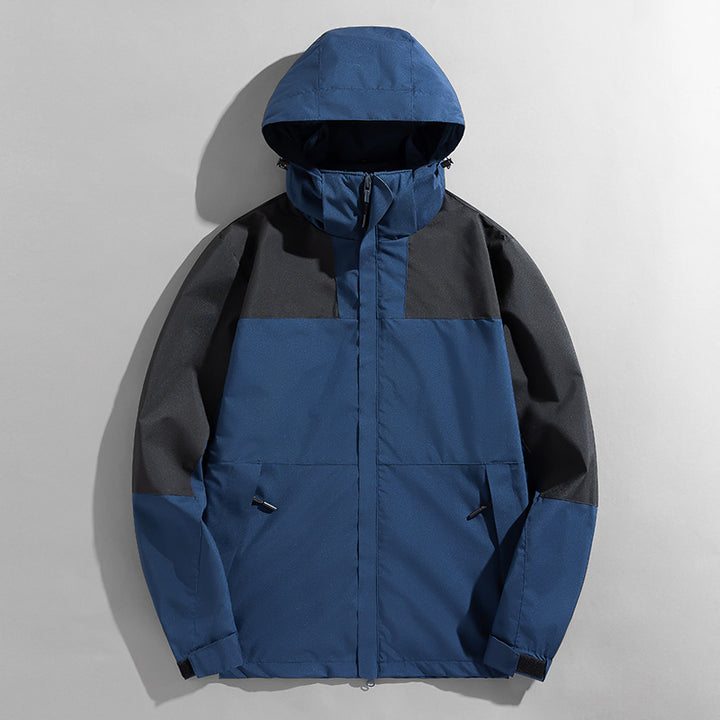 Herren zweilagige technische Kapuzen-Outdoorjacke mit hochschließendem Stehkragen und verstellbarer Kapuze Drune