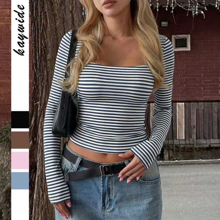 Damen nan gestreiftes tailliertes Langarm-Cropped-Shirt aus Baumwollstretch Drune