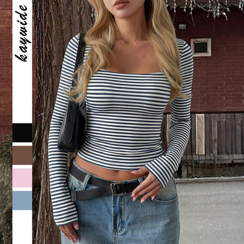 Damen nan gestreiftes tailliertes Langarm-Cropped-Shirt aus Baumwollstretch Drune