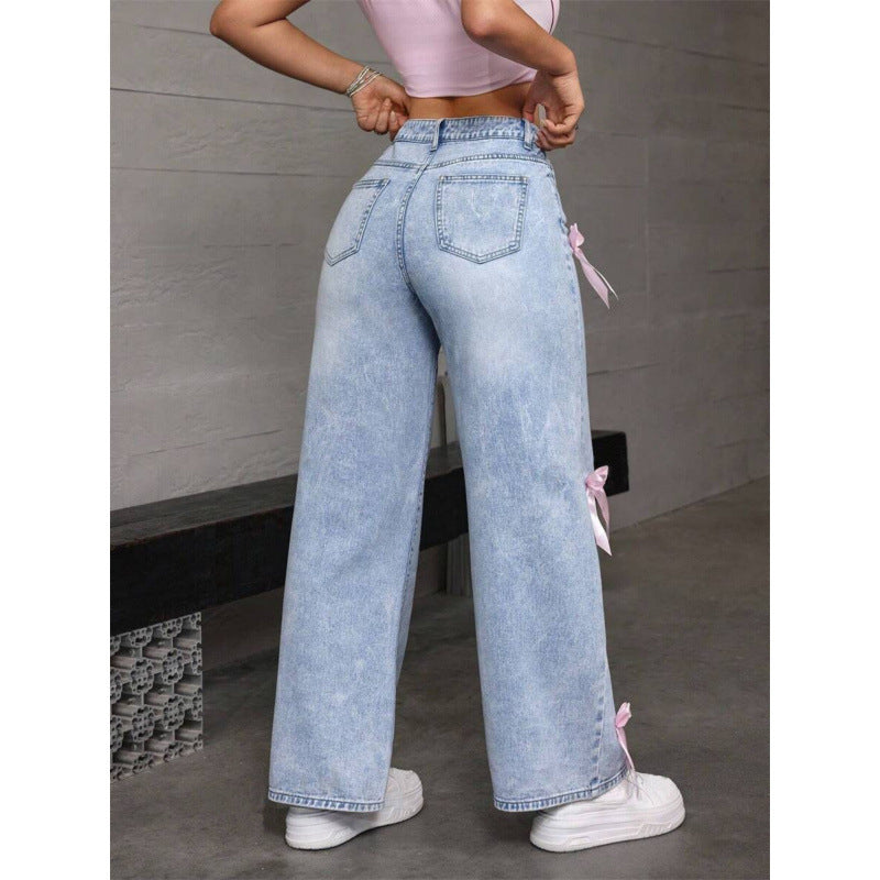 Damen Weite Jeans mit dekorativen Schleifen-Details Drune