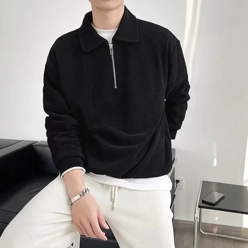 Herren Gerippter Pullover mit Halbreißverschluss und Polokragen Drune