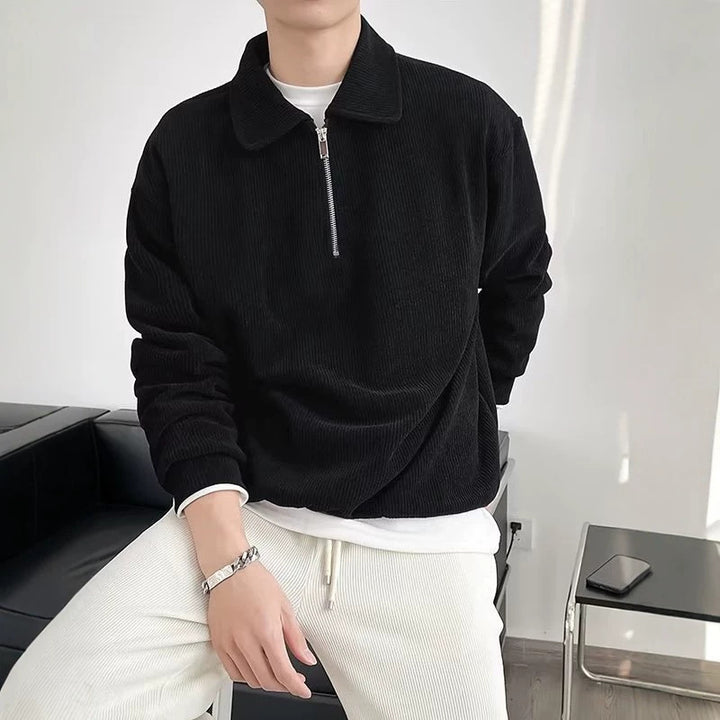 Herren Gerippter Pullover mit Halbreißverschluss und Polokragen Drune