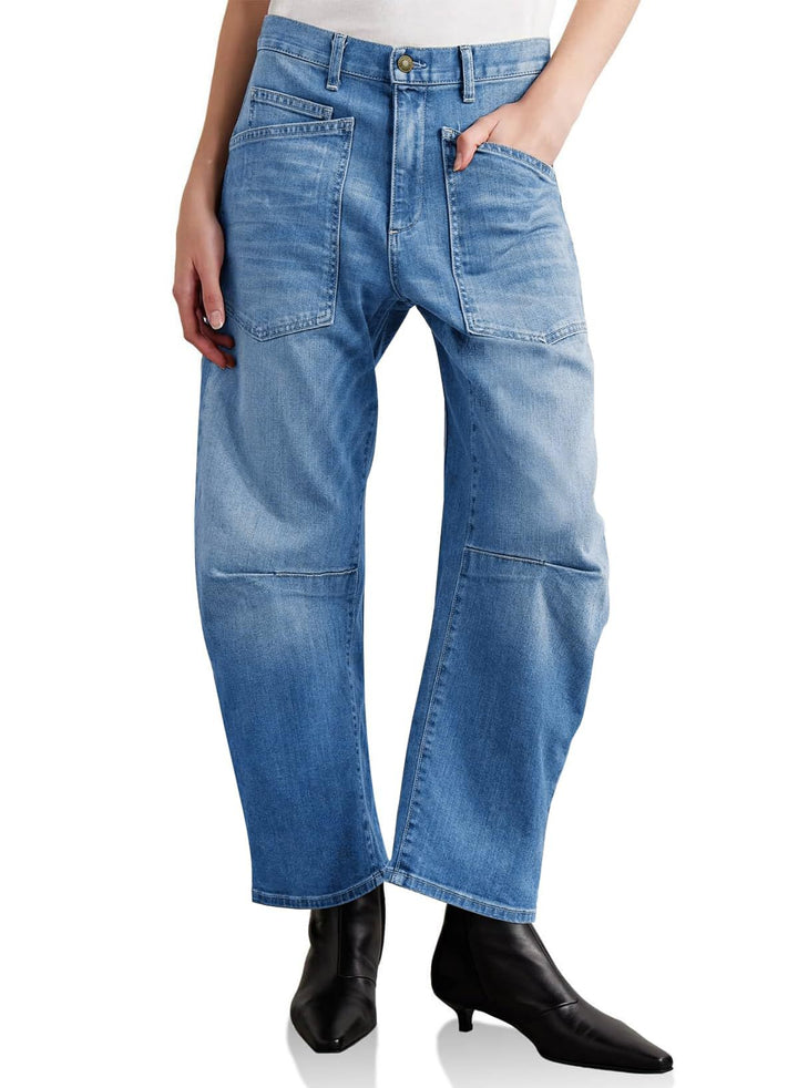 Damen nan lässige Canvas-Hose mit hohem Bund, weitem Bein und aufgesetzten Taschen Drune
