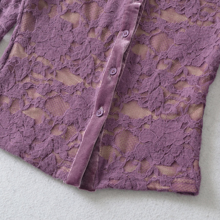 Damen Feiner Spitzen-Cardigan mit passendem Untertop und Samtbesatz Drune