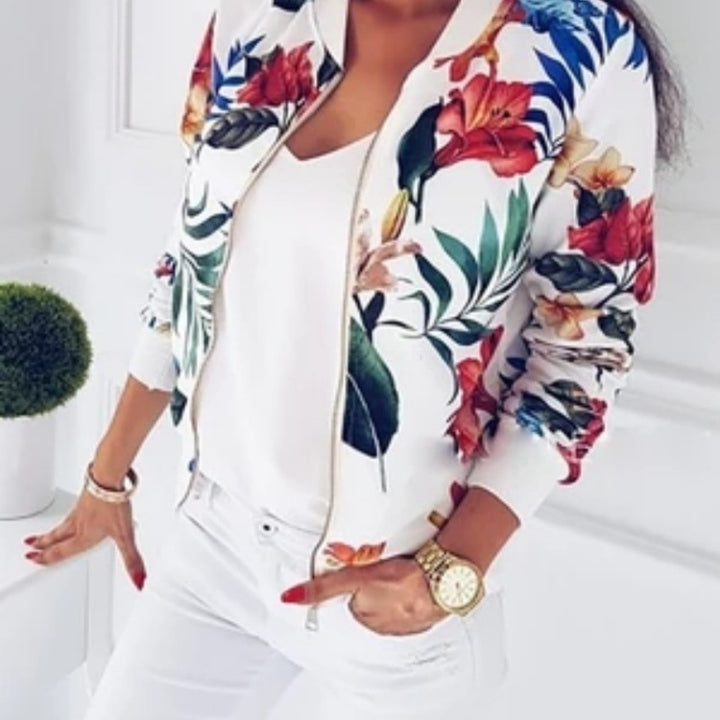 Damen Blousonjacke mit floralem Allover-Print, Reißverschluss und Rippbündchen Drune