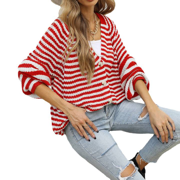 Damen gestreifte oversized Strickjacke mit V-Ausschnitt und Knopfleiste Drune