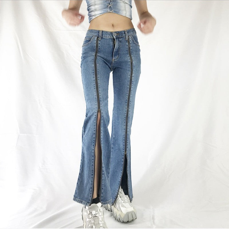 Damen nan Jeanshose mit durchgehenden Front-Reißverschlüssen, hoher vorderer Beinöffnung und ausgestelltem Schlag Drune