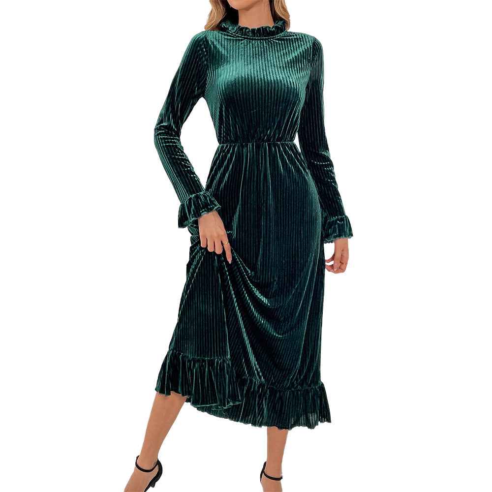 Damen Midikleid aus plissiertem Samt mit Stehkragen geraffter Taille und Volant-Saum Drune