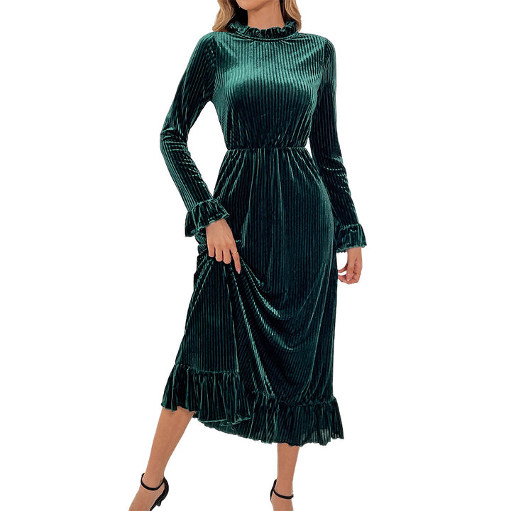 Damen Midikleid aus plissiertem Samt mit Stehkragen geraffter Taille und Volant-Saum Drune