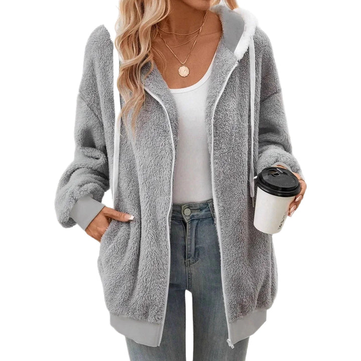 Damen Kuschelige Teddy-Fleece-Kapuzenjacke mit Reißverschluss und Oversized-Schnitt Drune
