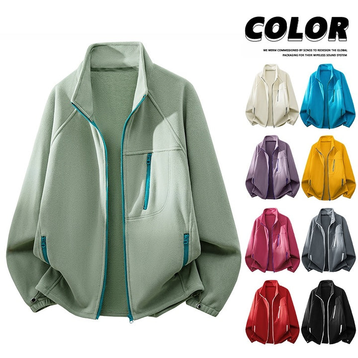 Unisex Leichte Fleecejacke mit Stehkragen, Raglanärmeln und multiplen Reißverschlusstaschen Drune