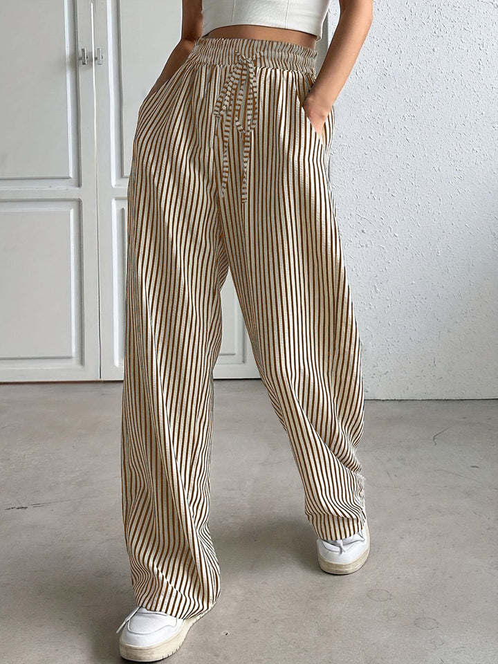 Damen Marlene-Streifenhose aus Leinenmix mit weitem Bein, Elastikbund und Kordelzug Drune