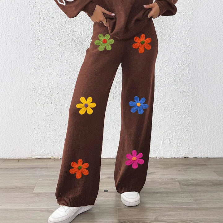 Damen lässige Strickhose mit bunten Blumenapplikationen Drune