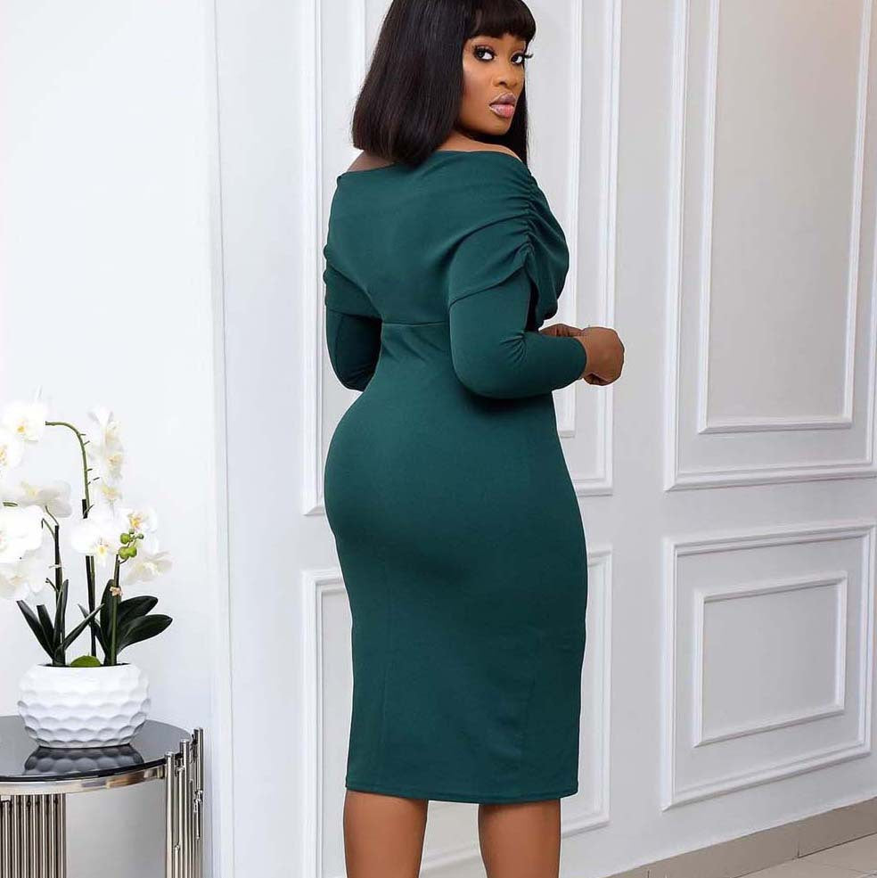 Damen figurbetontes Cocktailkleid mit schickem Off-Shoulder-Ausschnitt und Rüschendetails Drune
