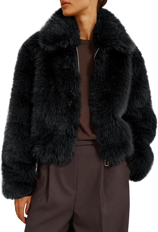 Damen Kurze Boxy‑Faux‑Fur‑Fliegerjacke mit dichtem Hochflor und breitem Umlegekragen Drune