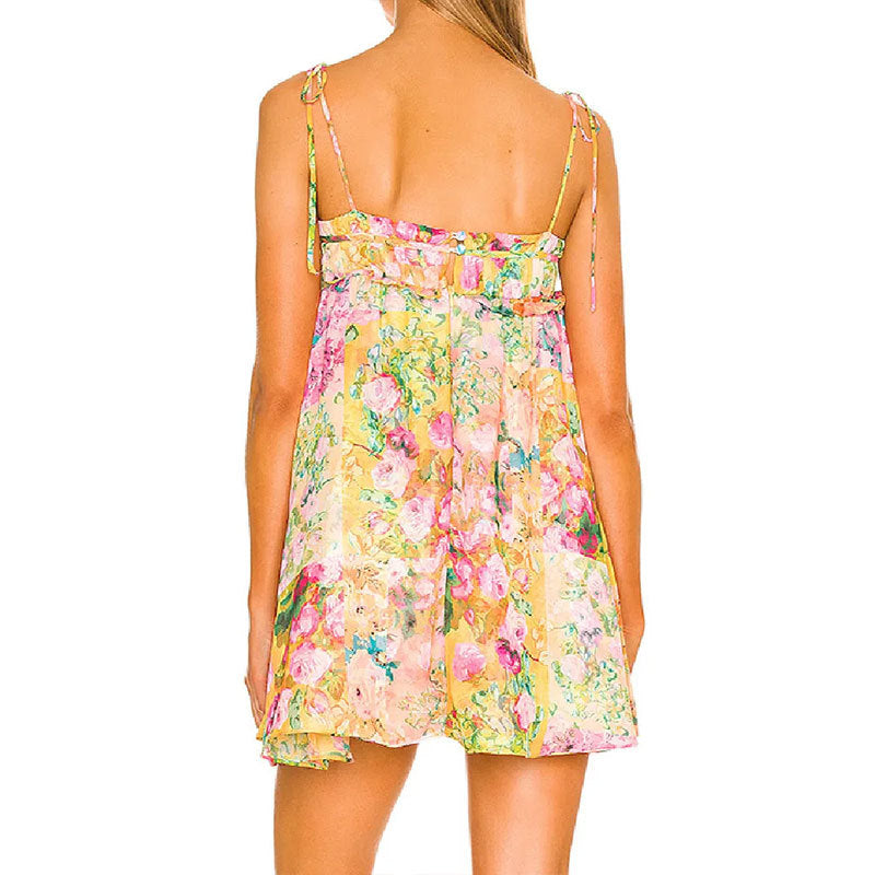 Damen Floral Minikleid mit verstellbaren Spaghetti-Trägern und Rüschendetails Drune