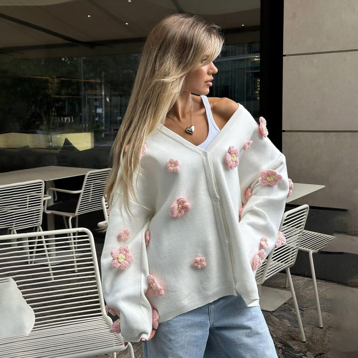 Damen Strickjacke mit floralem 3D-Design und V-Ausschnitt Drune