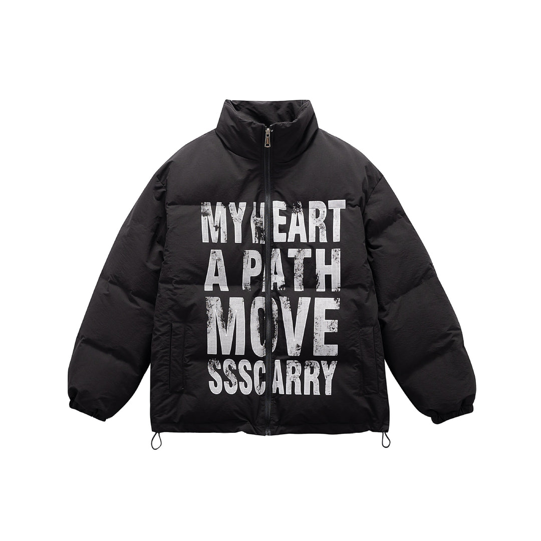 Unisex Oversize Steppjacke mit hohem Stehkragen und Statement-Print Drune