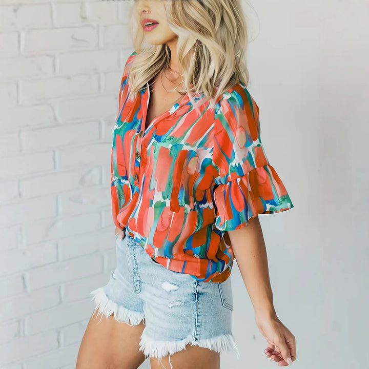 Damen Kurzarm Bluse mit buntem Grafikdesign Drune