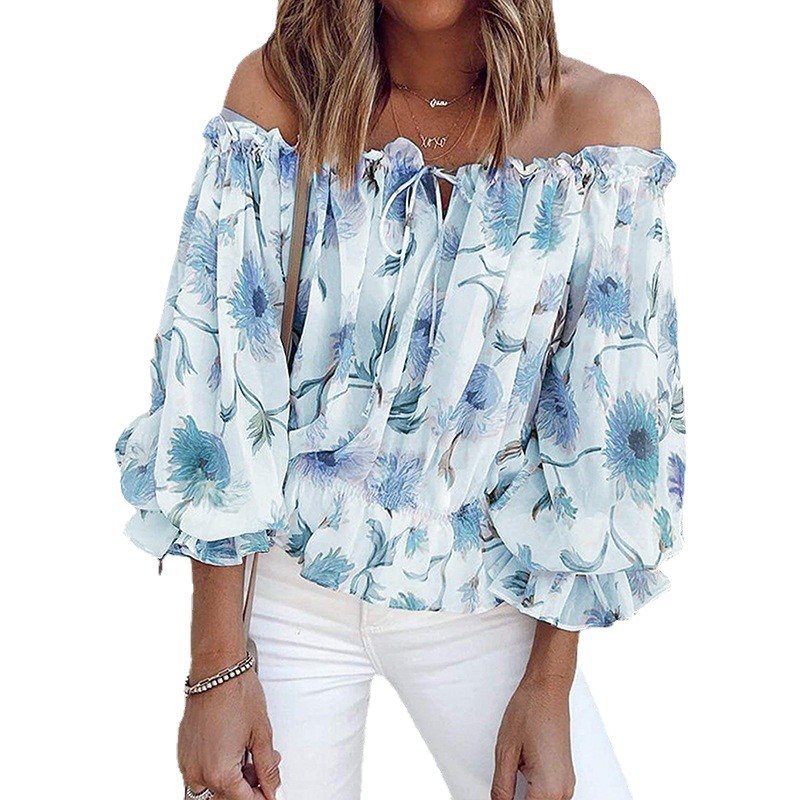 Damen romantische Bluse mit floralem Muster und Volantärmel Drune