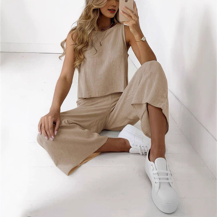 Damen Lässiges Zweiteiliges Set aus weichem Leinenstoff mit weitem Schnitt und elastischem Bund Drune