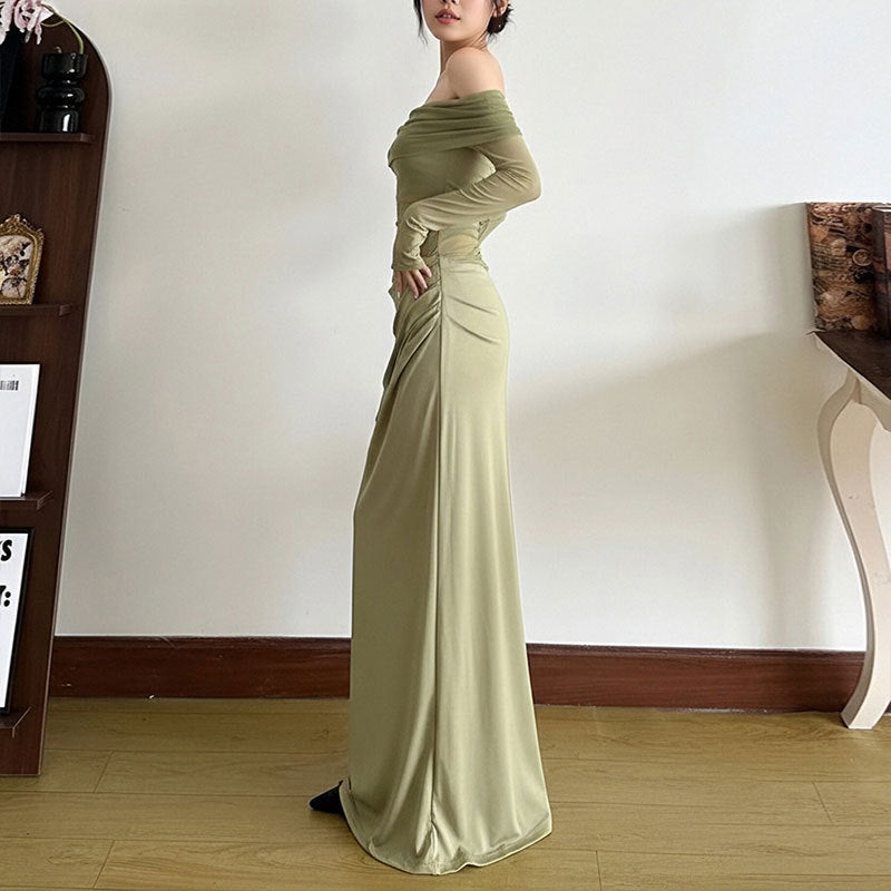 Damen Elegantes Off-Shoulder Maxikleid mit Rüschendetails und langem Arm Drune