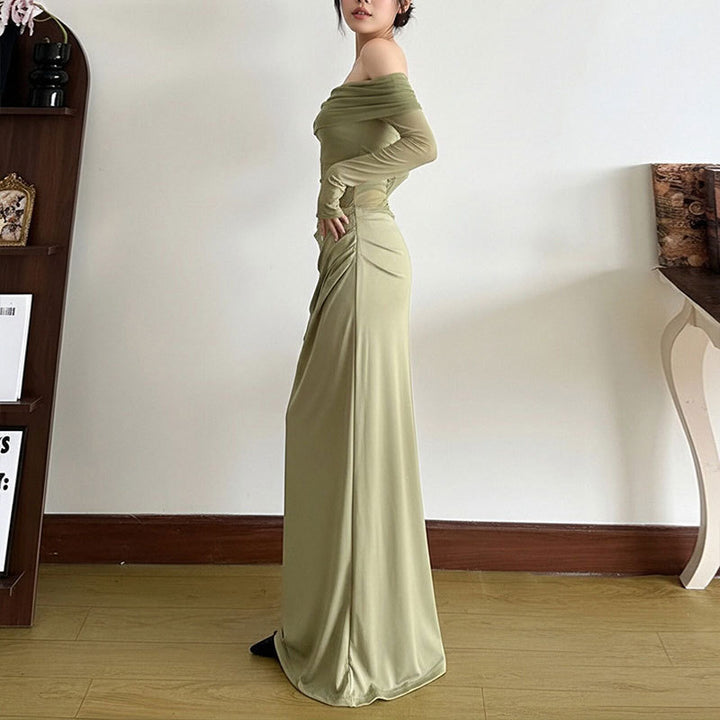 Damen Elegantes Off-Shoulder Maxikleid mit Rüschendetails und langem Arm Drune