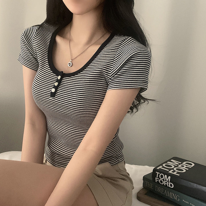 Damen modisches Kurzarmshirt mit Rundhalsausschnitt und Strukturdetails Drune