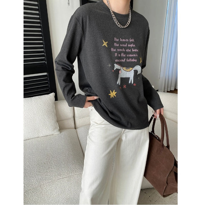 Damen Gemütlicher Sweatshirt mit farbenfrohem Einhorn-Print und Rundhalsausschnitt Drune