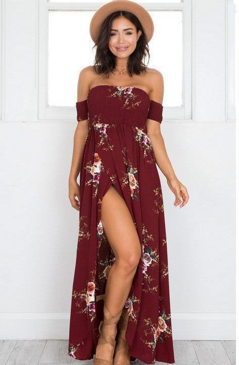 Damen Off-Shoulder Strandkleid mit floralem Muster und fließendem Schnitt Drune