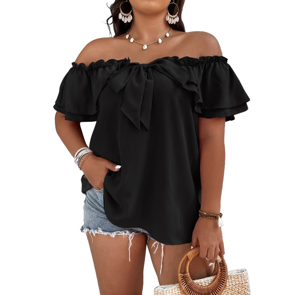 Damen Off-Shoulder Oberteil mit Schleifen-Details und Rüschensäumen Drune
