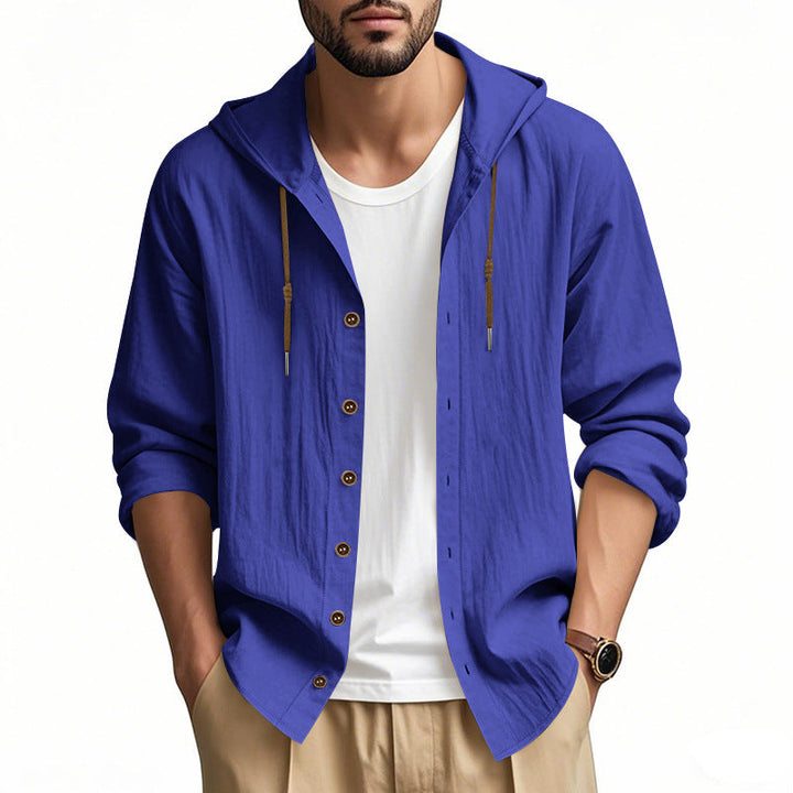 Herren nan leichtes Kapuzenhemdjacke aus Leinenoptik mit durchgehender Knopfleiste Drune
