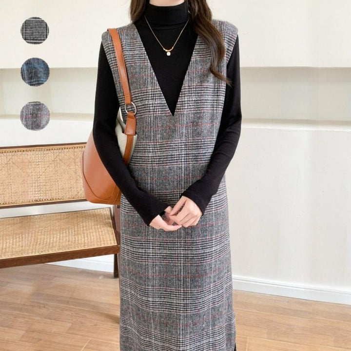 Damen Maxikleid im modernen Karomuster und elegantem V-Ausschnitt Drune