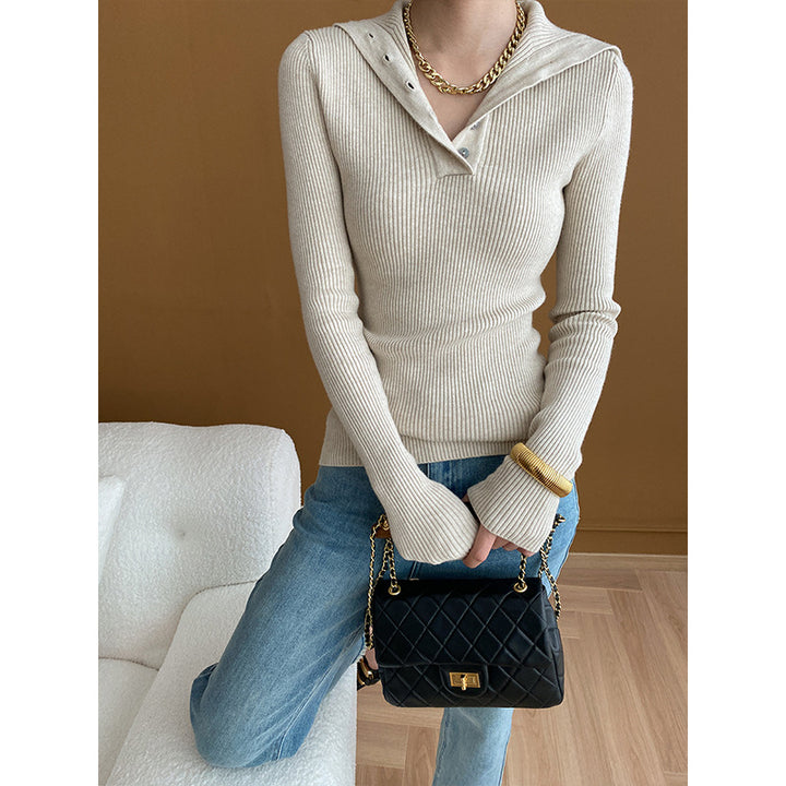 Damen lässiger Strickpullover mit tiefem V-Ausschnitt und Knopfleiste Drune