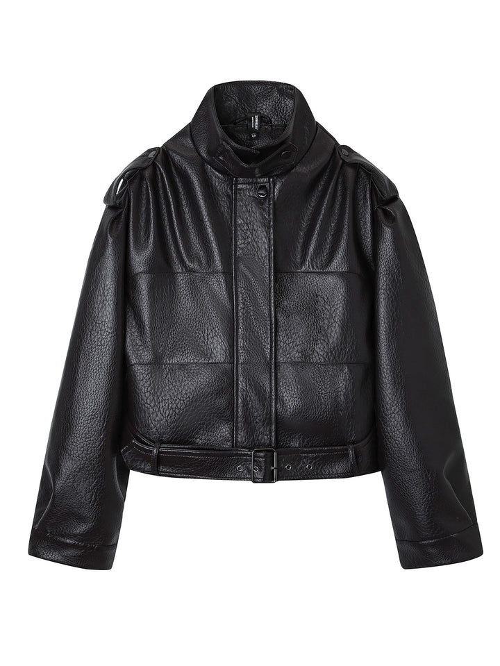 Damen Modische Kunstlederjacke mit Gürtel Drune