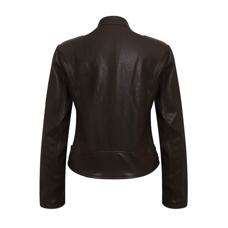 Damen Taillierte Lederoptik-Jacke mit Stehkragen, Schulterklappen und Taillengürtel Drune