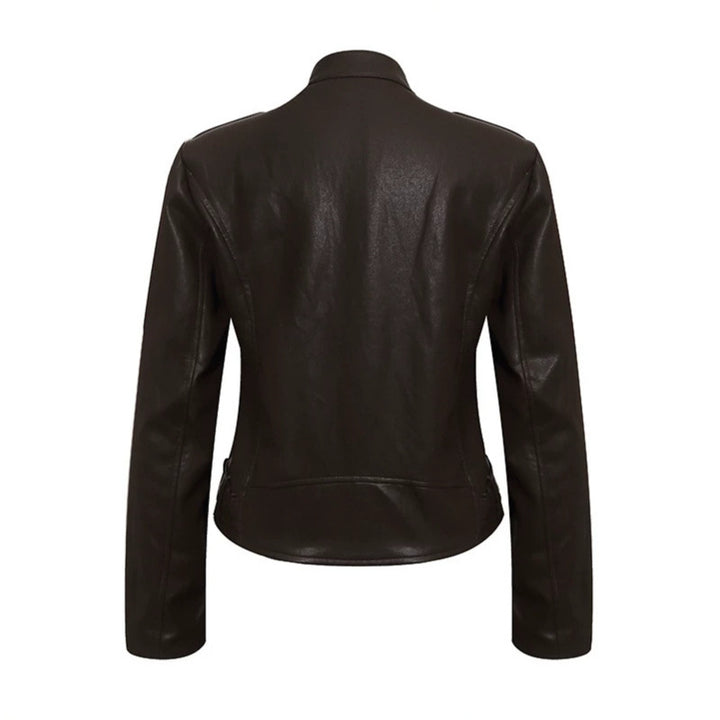 Damen Taillierte Lederoptik-Jacke mit Stehkragen, Schulterklappen und Taillengürtel Drune