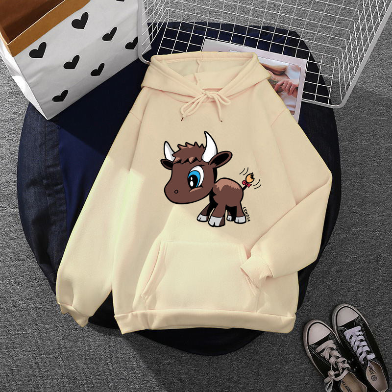 Damen nan Kapuzenpullover mit charmantem Stier-Karikaturprint, Kängurutasche und entspanntem Oversize-Schnitt Drune