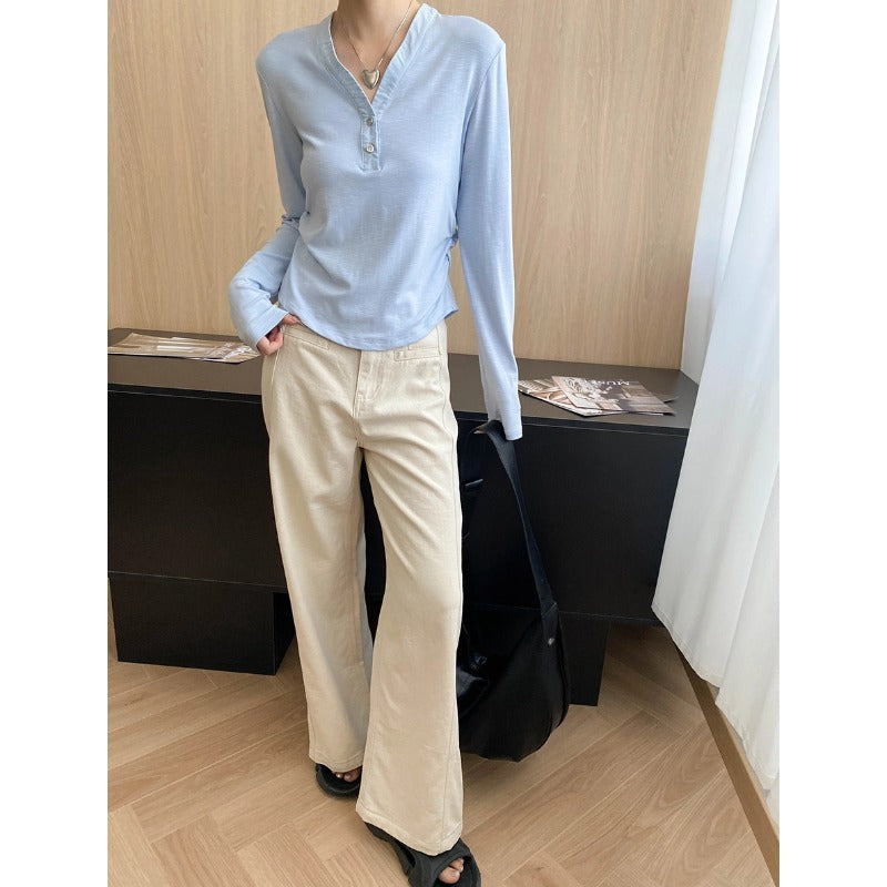 Damen Langarm-Henley-Shirt mit Knopfleiste und lockerem Schnitt Drune