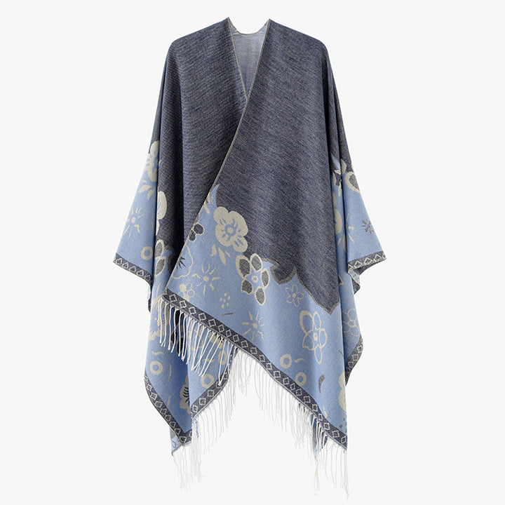 Damen Überwurfponcho im Kimono‑Stil aus Jacquardstrick mit floralem Bordürenmotiv und Fransensaum Drune