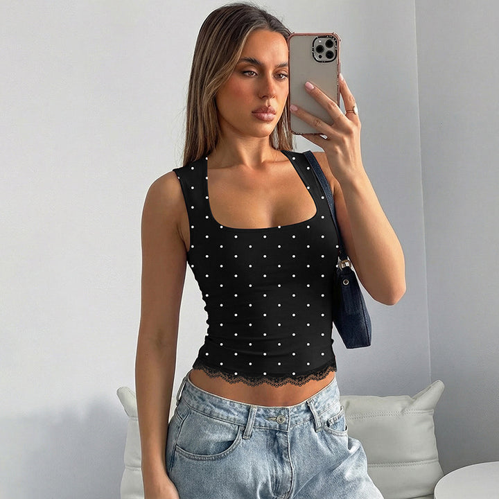 Damen Polka-Dots Trägershirt mit Spitzenrand Drune