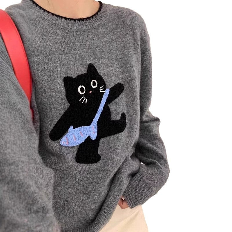 Damen kuscheliger Pullover mit Katzenmotiv Drune