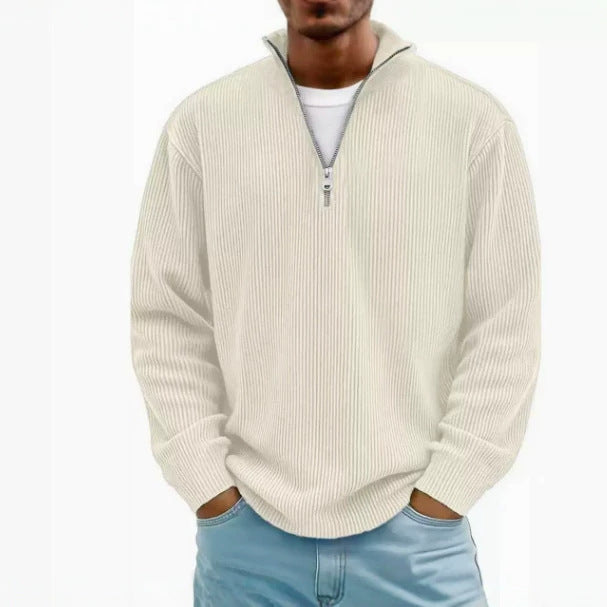 Herren Gerippter Halbzip-Strickpullover mit Stehkragen und lockerer Passform Drune